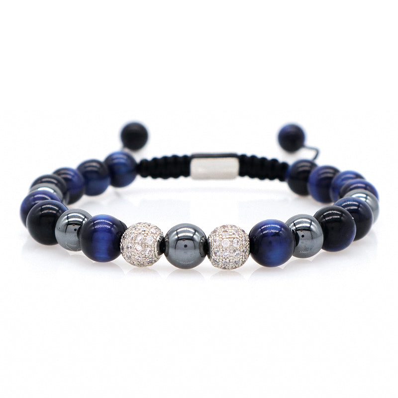 Hand Woven Cord Macrame Jewelry Custom Stainless Steel Logo CZ Beads Braided 8mm Hematite Tiger Eyes Natural Stone Bead Bracelet