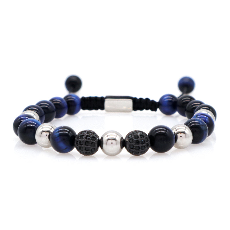 Hand Woven Cord Macrame Jewelry Custom Stainless Steel Logo CZ Beads Braided 8mm Hematite Tiger Eyes Natural Stone Bead Bracelet