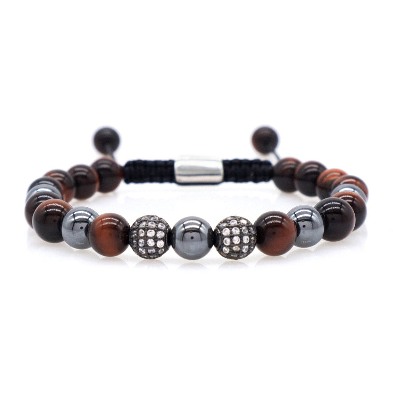 Hand Woven Cord Macrame Jewelry Custom Stainless Steel Logo CZ Beads Braided 8mm Hematite Tiger Eyes Natural Stone Bead Bracelet