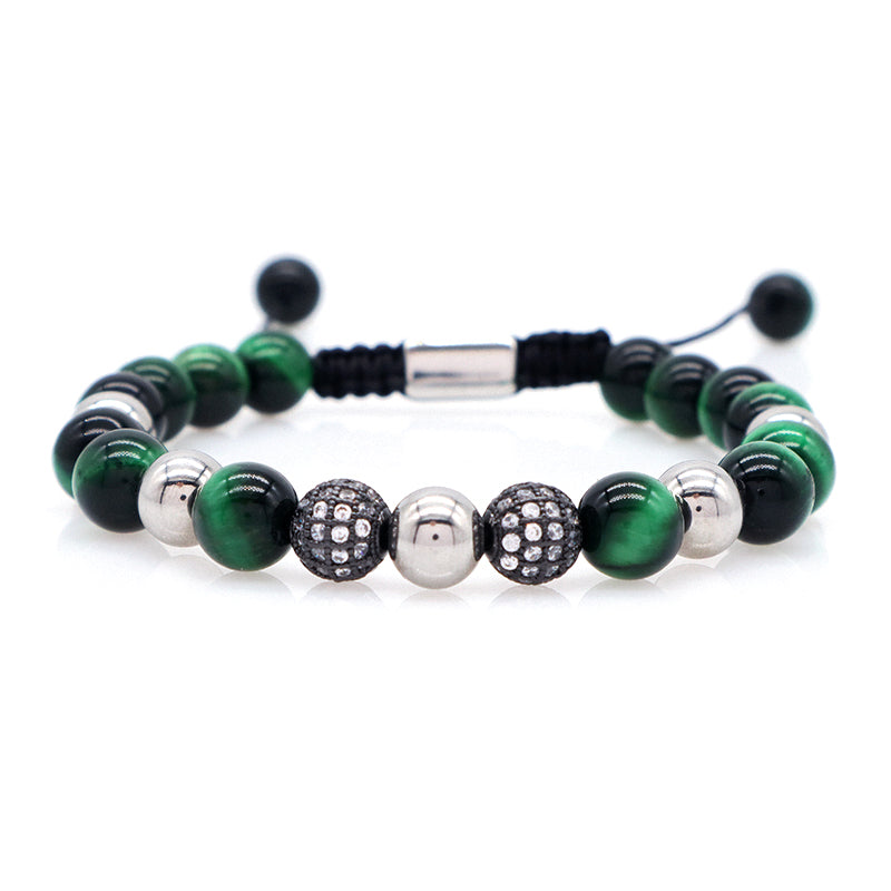 Hand Woven Cord Macrame Jewelry Custom Stainless Steel Logo CZ Beads Braided 8mm Hematite Tiger Eyes Natural Stone Bead Bracelet
