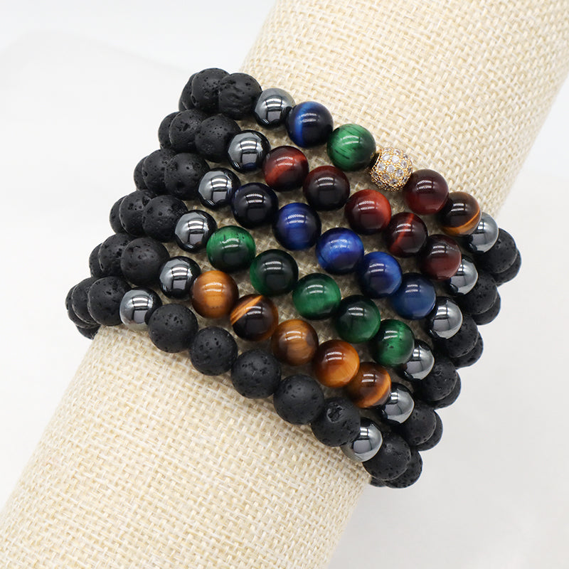 8mm Natural Stone Bead Jewelry Custom Stainless Steel Logo CZ Beads Handmade Macrame Braided Hematite Tiger Eyes Lava Bracelet