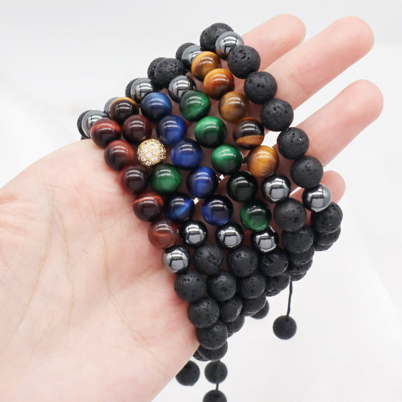 8mm Natural Stone Bead Jewelry Custom Stainless Steel Logo CZ Beads Handmade Macrame Braided Hematite Tiger Eyes Lava Bracelet