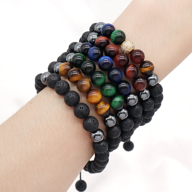 8mm Natural Stone Bead Jewelry Custom Stainless Steel Logo CZ Beads Handmade Macrame Braided Hematite Tiger Eyes Lava Bracelet