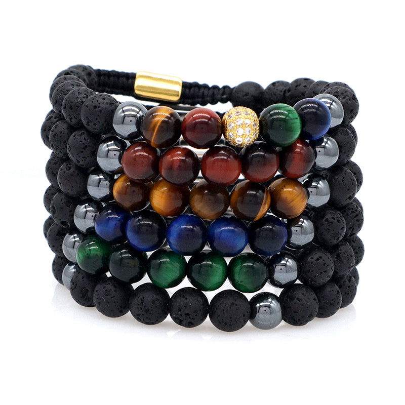8mm Natural Stone Bead Jewelry Custom Stainless Steel Logo CZ Beads Handmade Macrame Braided Hematite Tiger Eyes Lava Bracelet