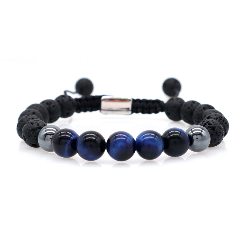 8mm Natural Stone Bead Jewelry Custom Stainless Steel Logo CZ Beads Handmade Macrame Braided Hematite Tiger Eyes Lava Bracelet