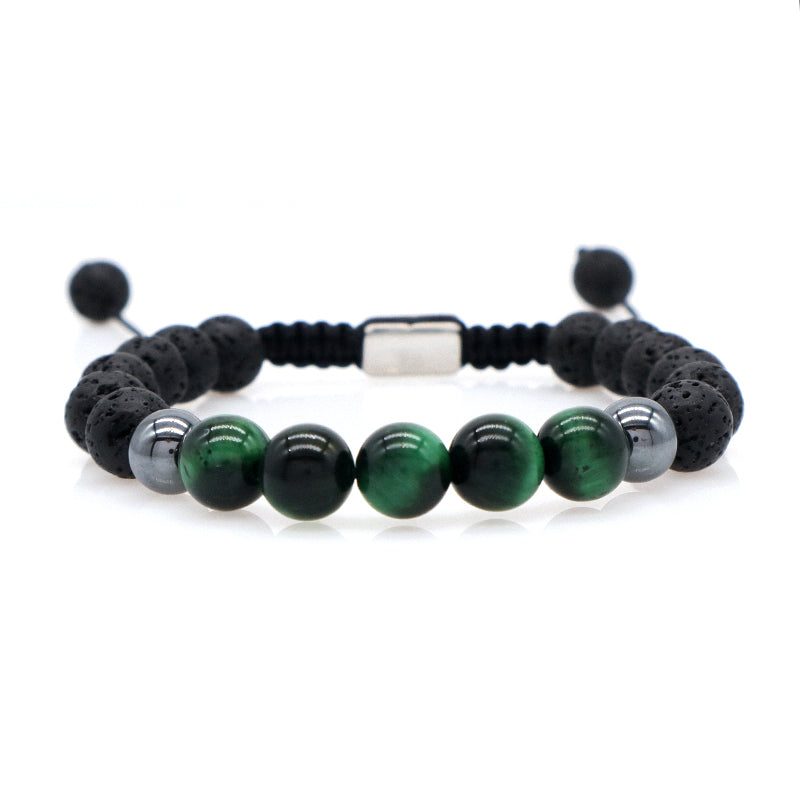 8mm Natural Stone Bead Jewelry Custom Stainless Steel Logo CZ Beads Handmade Macrame Braided Hematite Tiger Eyes Lava Bracelet