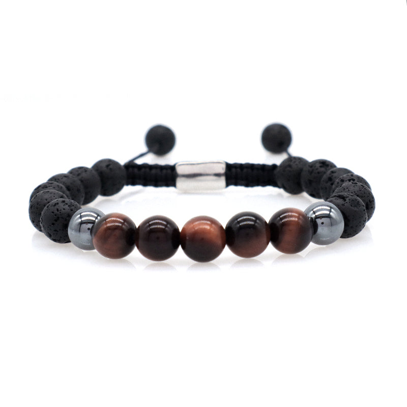 8mm Natural Stone Bead Jewelry Custom Stainless Steel Logo CZ Beads Handmade Macrame Braided Hematite Tiger Eyes Lava Bracelet