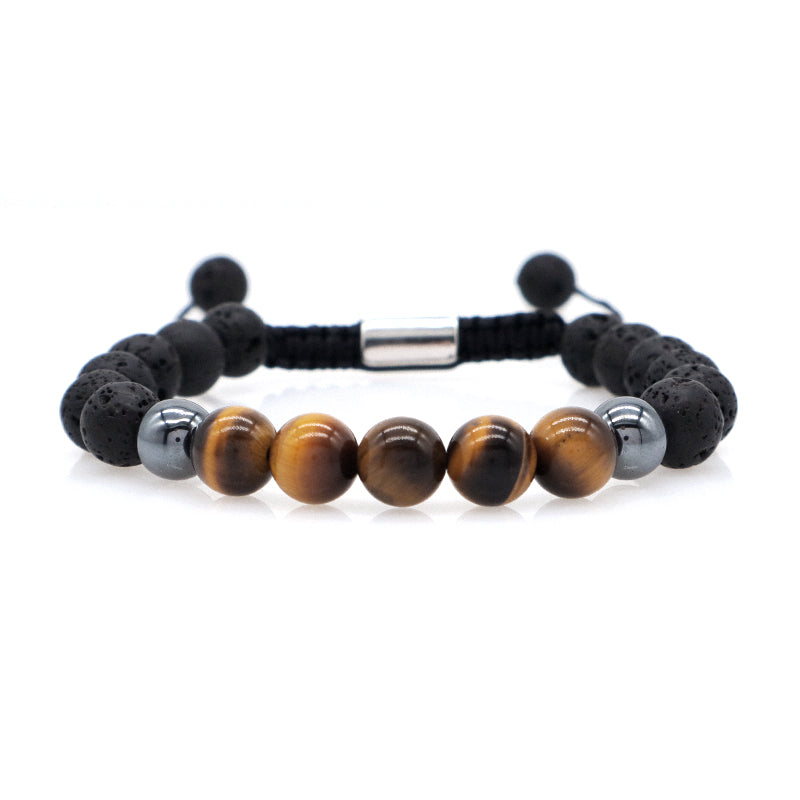 8mm Natural Stone Bead Jewelry Custom Stainless Steel Logo CZ Beads Handmade Macrame Braided Hematite Tiger Eyes Lava Bracelet
