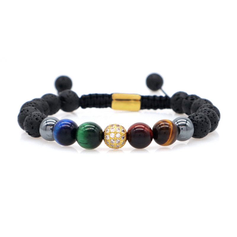 8mm Natural Stone Bead Jewelry Custom Stainless Steel Logo CZ Beads Handmade Macrame Braided Hematite Tiger Eyes Lava Bracelet