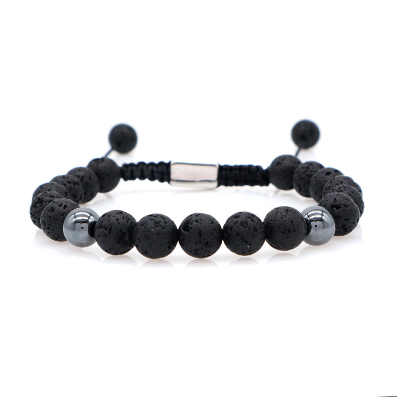 8mm Natural Stone Bead Jewelry Custom Stainless Steel Logo CZ Beads Handmade Macrame Braided Hematite Tiger Eyes Lava Bracelet