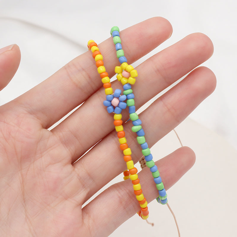 Custom Cute String 3mm Beaded Boho Jewelry Ajustable Handmade Flower Charm Braided Women Macrame Seed Beads Bracelet For Gift
