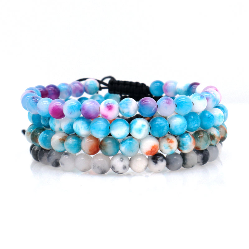 Custom Fashion Friendship Handmade Ajustable Woven Braided Cord Natural 6mm Colorful Jade Beads Macrame Bracelet For Men Women
