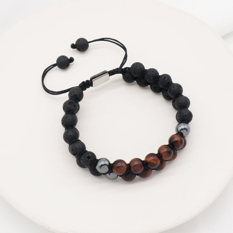 Handmade Braided Woven Cord Custom Stainless Steel Logo Men Natural Stone 8mm Tiger eyes Lava Beads Friendship Macrame Bracelet