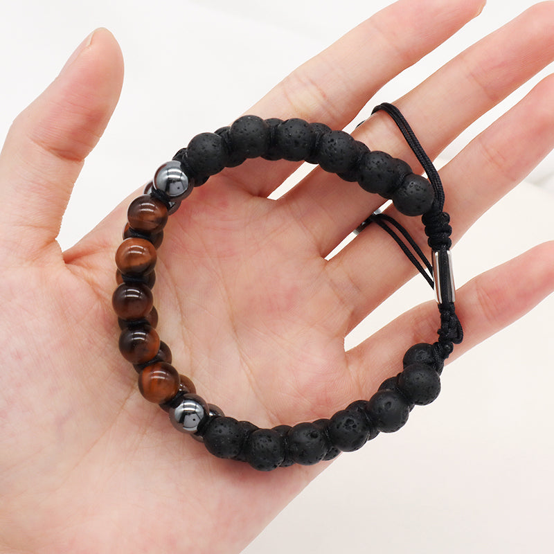 Handmade Braided Woven Cord Custom Stainless Steel Logo Men Natural Stone 8mm Tiger eyes Lava Beads Friendship Macrame Bracelet