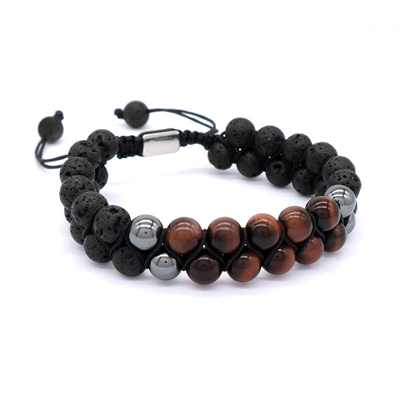 Handmade Braided Woven Cord Custom Stainless Steel Logo Men Natural Stone 8mm Tiger eyes Lava Beads Friendship Macrame Bracelet