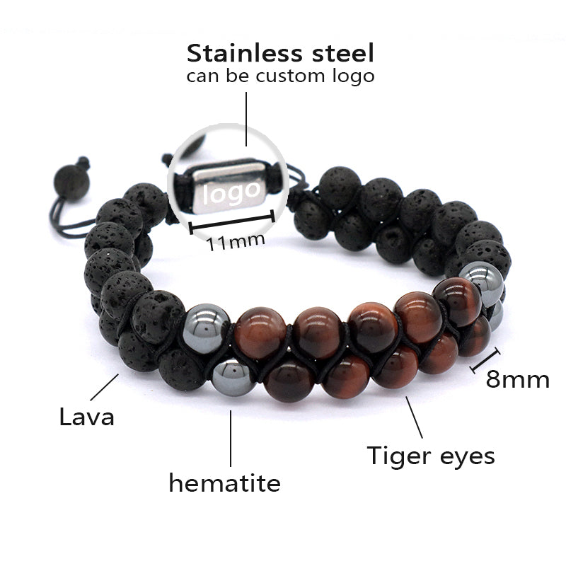 Handmade Braided Woven Cord Custom Stainless Steel Logo Men Natural Stone 8mm Tiger eyes Lava Beads Friendship Macrame Bracelet