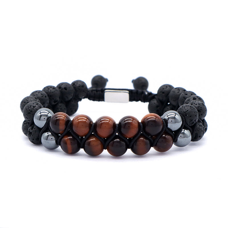 Handmade Braided Woven Cord Custom Stainless Steel Logo Men Natural Stone 8mm Tiger eyes Lava Beads Friendship Macrame Bracelet