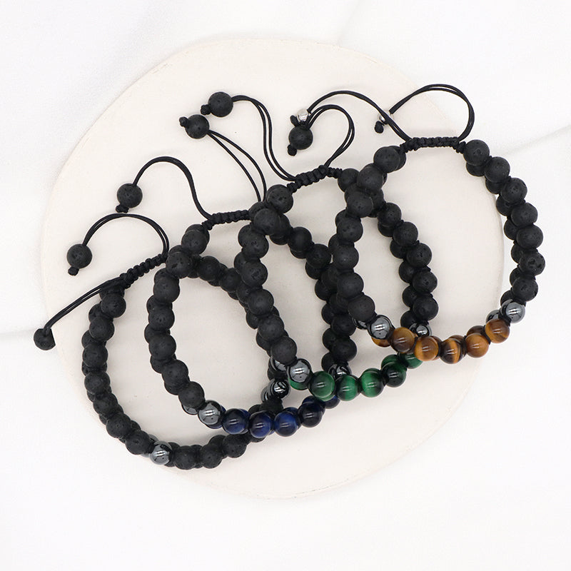 Handmade Braided Woven Cord Friendship Custom Various Color 8mm Natural Stone Tiger eyes Black Lava Beads Macrame Men Bracelet