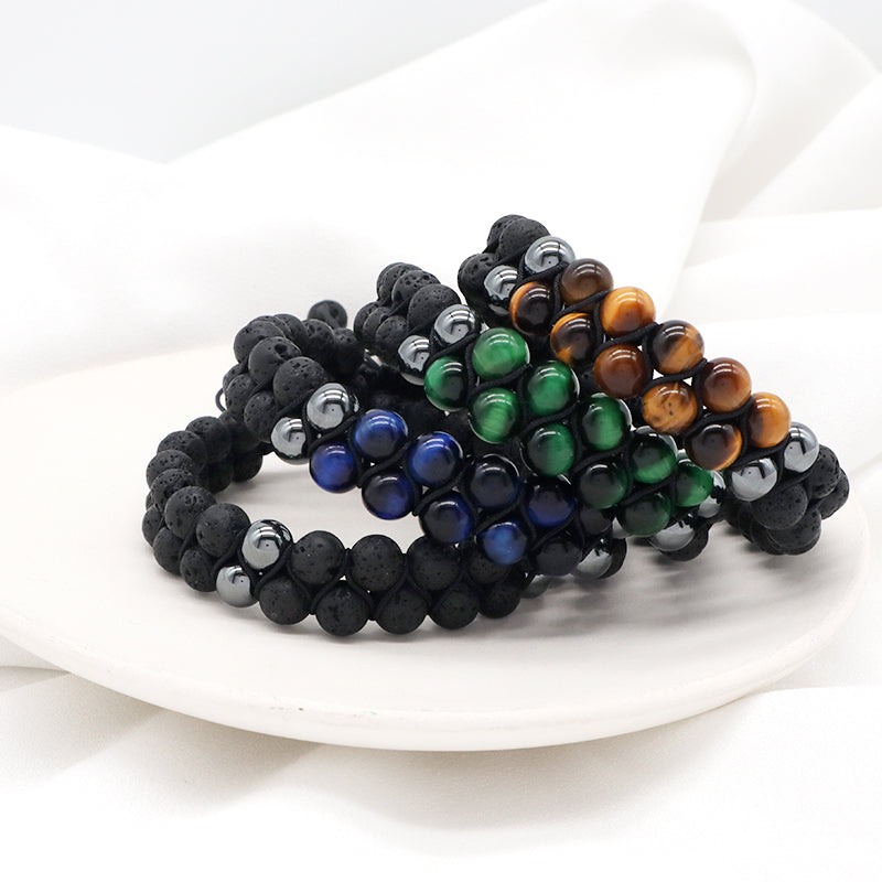 Handmade Braided Woven Cord Friendship Custom Various Color 8mm Natural Stone Tiger eyes Black Lava Beads Macrame Men Bracelet
