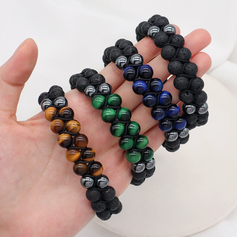 Handmade Braided Woven Cord Friendship Custom Various Color 8mm Natural Stone Tiger eyes Black Lava Beads Macrame Men Bracelet