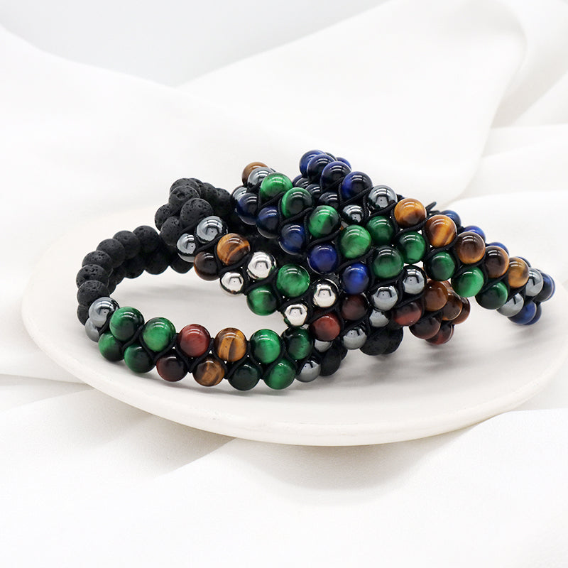 New Design Custom Mix Color Ajustable 8mm Tiger Eye Black Lave Beads Natural Stone Handmade Woven Men Jewelry Macrame Bracelet