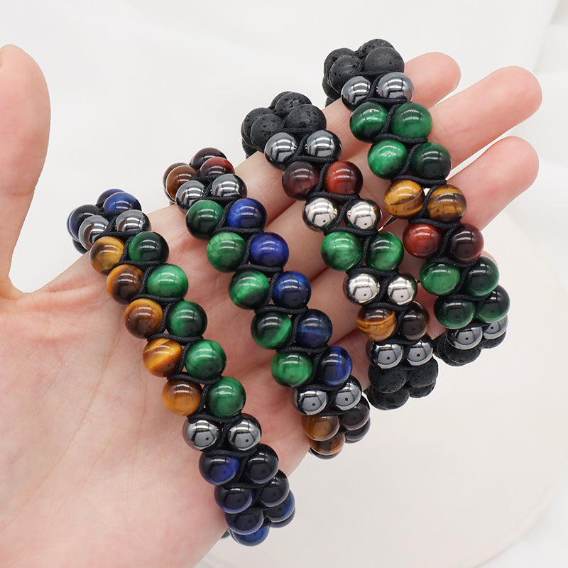 New Design Custom Mix Color Ajustable 8mm Tiger Eye Black Lave Beads Natural Stone Handmade Woven Men Jewelry Macrame Bracelet