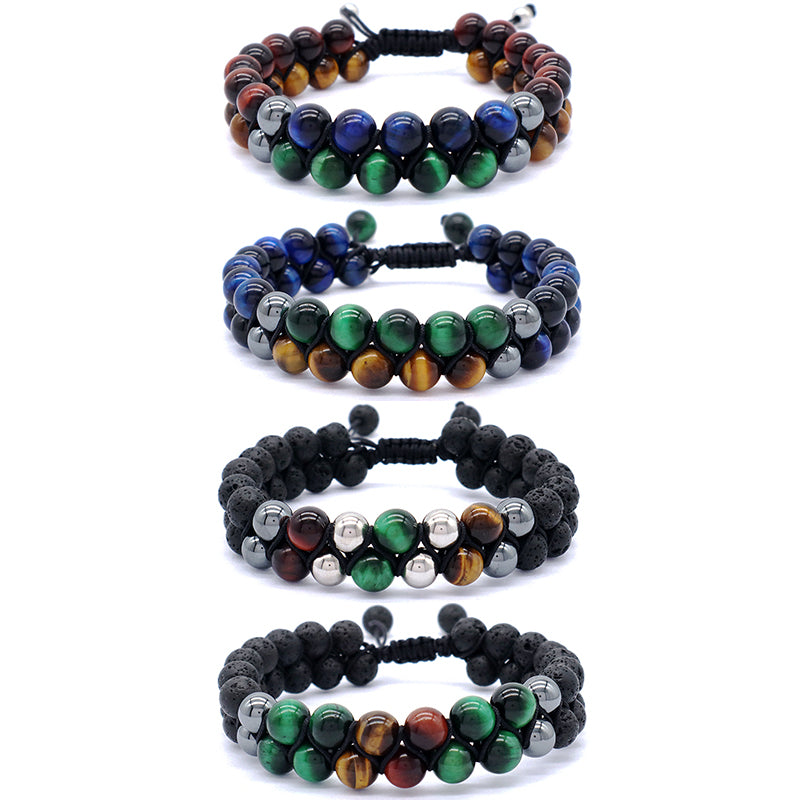 New Design Custom Mix Color Ajustable 8mm Tiger Eye Black Lave Beads Natural Stone Handmade Woven Men Jewelry Macrame Bracelet