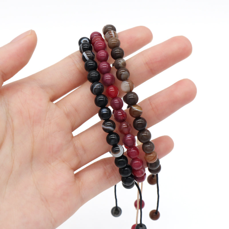 Customized Handmade Woven 6mm Red Brown Black Striped Agate Gemstone Natural Stone Beads Adjustable Men Women Macrame Bracelet