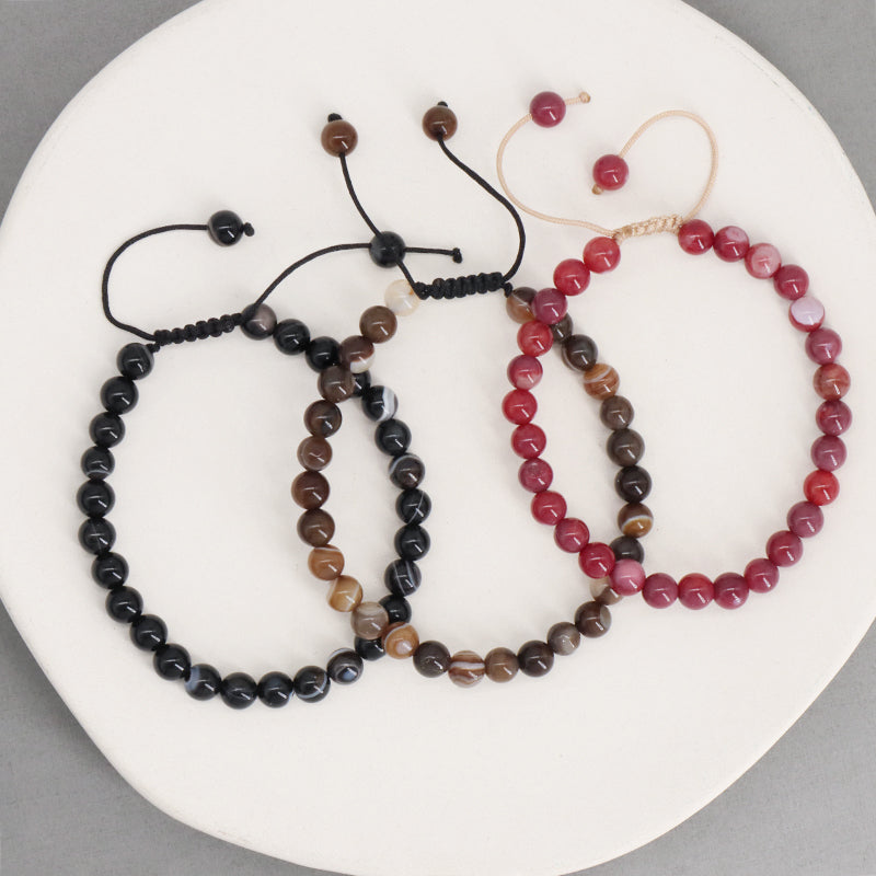 Customized Handmade Woven 6mm Red Brown Black Striped Agate Gemstone Natural Stone Beads Adjustable Men Women Macrame Bracelet