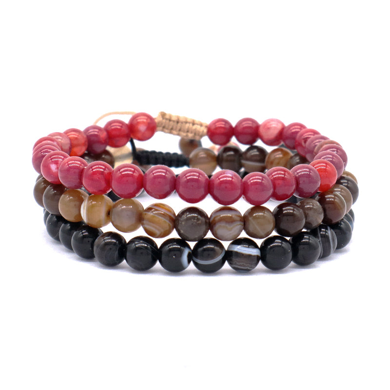 Customized Handmade Woven 6mm Red Brown Black Striped Agate Gemstone Natural Stone Beads Adjustable Men Women Macrame Bracelet