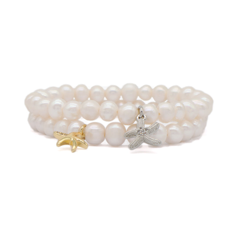 Custom Fashion Wholesale Factory Jewelry Handmade elastic CZ Sea Star Charm 7mm Natural Fresh Water Pearl Bracelet For Women