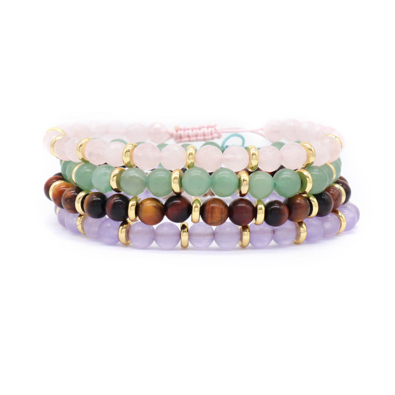 Healing Energy Handmade Custom Gemstone Gold Plated Charm Macrame Natural Stone Pink Quartz Green Aventurine Tiger Eyes Bracelet