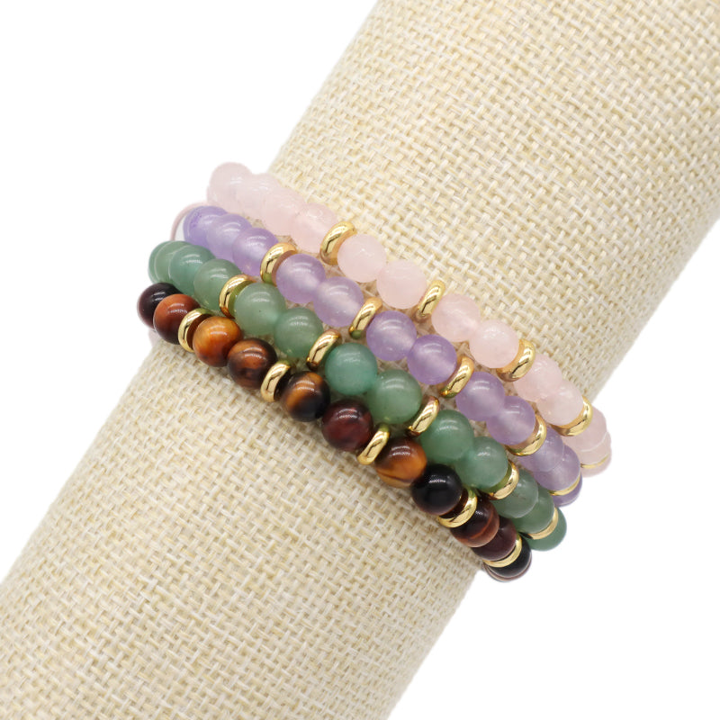 Healing Energy Handmade Custom Gemstone Gold Plated Charm Macrame Natural Stone Pink Quartz Green Aventurine Tiger Eyes Bracelet