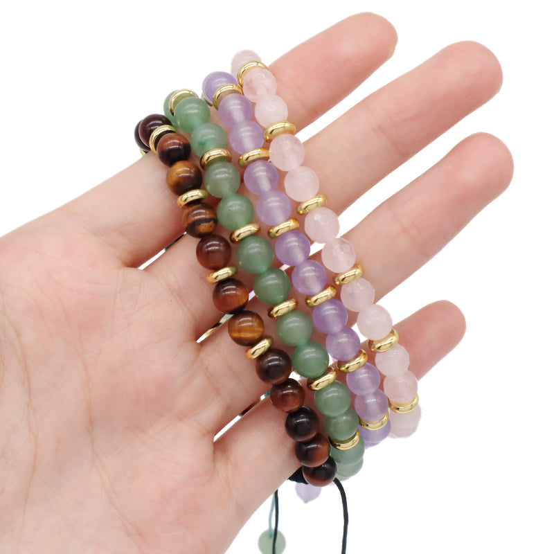 Healing Energy Handmade Custom Gemstone Gold Plated Charm Macrame Natural Stone Pink Quartz Green Aventurine Tiger Eyes Bracelet
