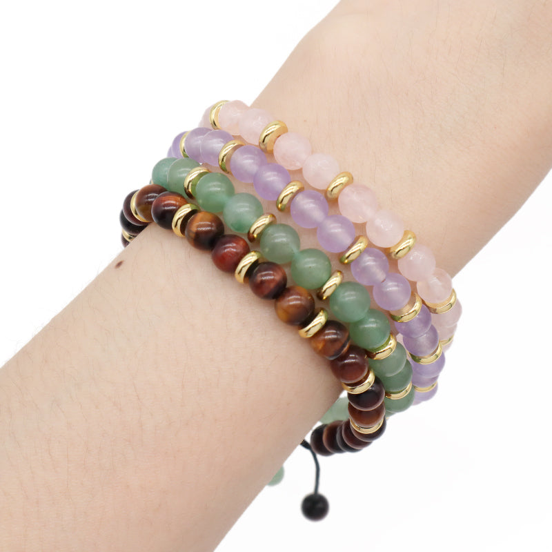 Healing Energy Handmade Custom Gemstone Gold Plated Charm Macrame Natural Stone Pink Quartz Green Aventurine Tiger Eyes Bracelet