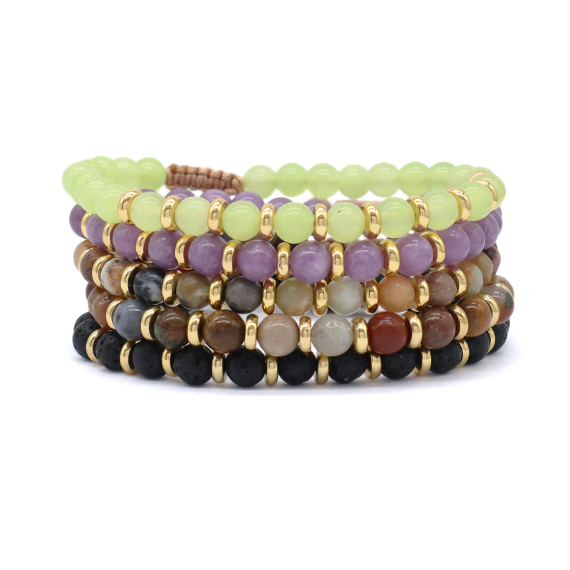 Customized Handmade Gold Plated Charm 6mm Healing Energy Gemstone Macrame Natural Stone Amazon Marine Agate Black Lava Bracelet