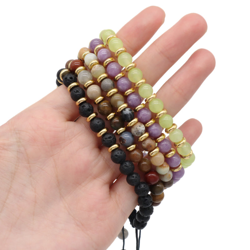 Customized Handmade Gold Plated Charm 6mm Healing Energy Gemstone Macrame Natural Stone Amazon Marine Agate Black Lava Bracelet