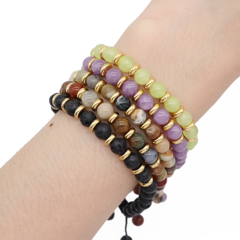 Customized Handmade Gold Plated Charm 6mm Healing Energy Gemstone Macrame Natural Stone Amazon Marine Agate Black Lava Bracelet