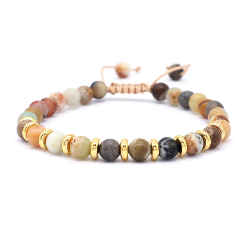 Customized Handmade Gold Plated Charm 6mm Healing Energy Gemstone Macrame Natural Stone Amazon Marine Agate Black Lava Bracelet
