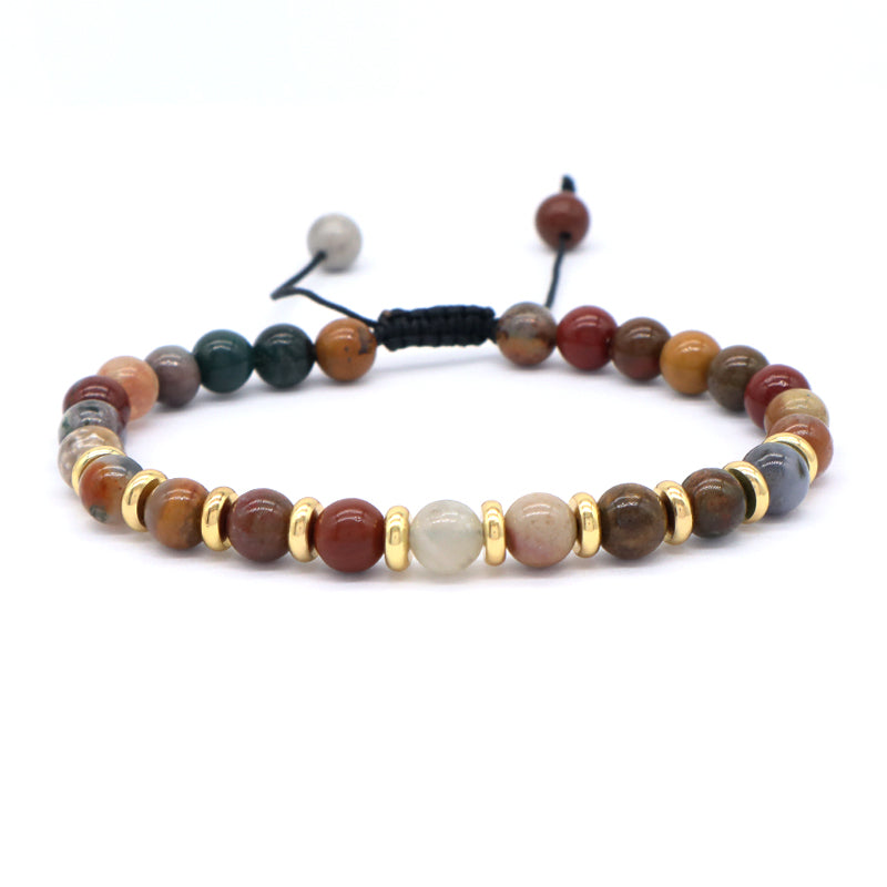 Customized Handmade Gold Plated Charm 6mm Healing Energy Gemstone Macrame Natural Stone Amazon Marine Agate Black Lava Bracelet