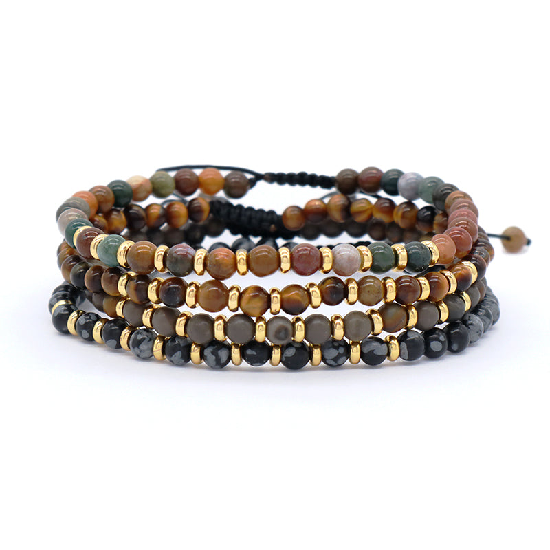 Adjustable Handmade OEM Woven Macrame Gold Plated Brass Charm 4mm Natural Stone Snowflake India Agate Tiger Eyes Beads Bracelet
