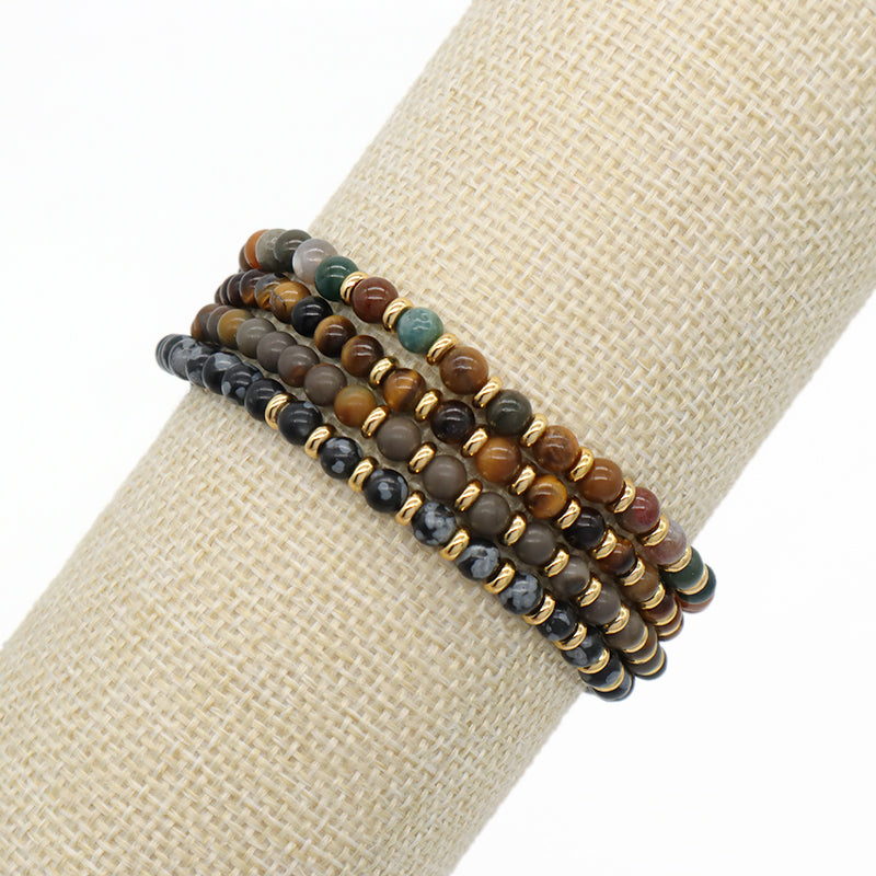Adjustable Handmade OEM Woven Macrame Gold Plated Brass Charm 4mm Natural Stone Snowflake India Agate Tiger Eyes Beads Bracelet
