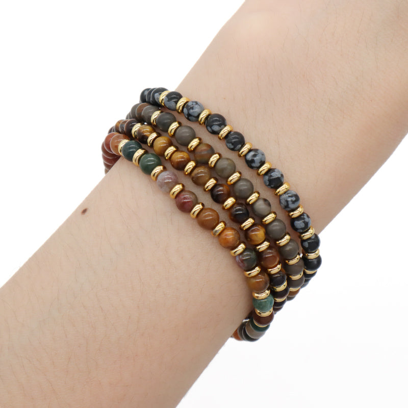Adjustable Handmade OEM Woven Macrame Gold Plated Brass Charm 4mm Natural Stone Snowflake India Agate Tiger Eyes Beads Bracelet