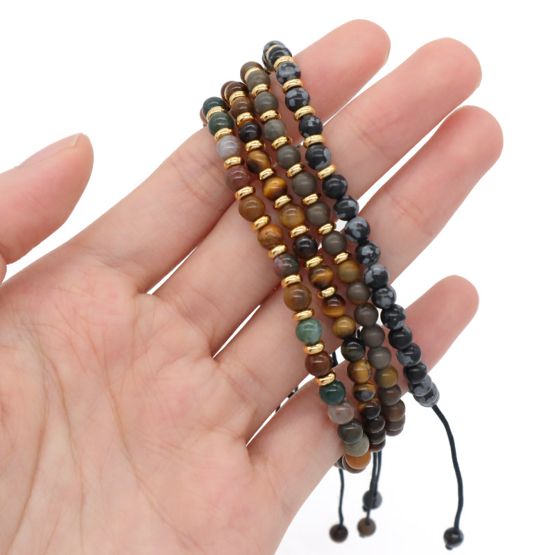 Adjustable Handmade OEM Woven Macrame Gold Plated Brass Charm 4mm Natural Stone Snowflake India Agate Tiger Eyes Beads Bracelet