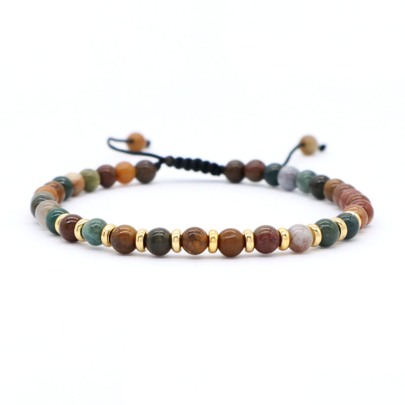 Adjustable Handmade OEM Woven Macrame Gold Plated Brass Charm 4mm Natural Stone Snowflake India Agate Tiger Eyes Beads Bracelet