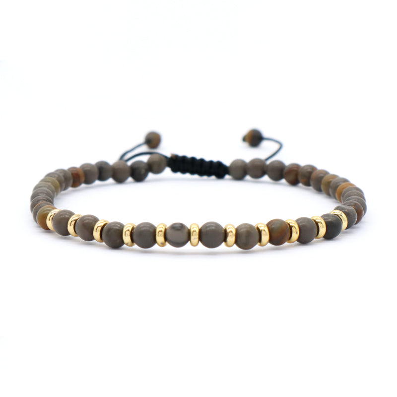 Adjustable Handmade OEM Woven Macrame Gold Plated Brass Charm 4mm Natural Stone Snowflake India Agate Tiger Eyes Beads Bracelet