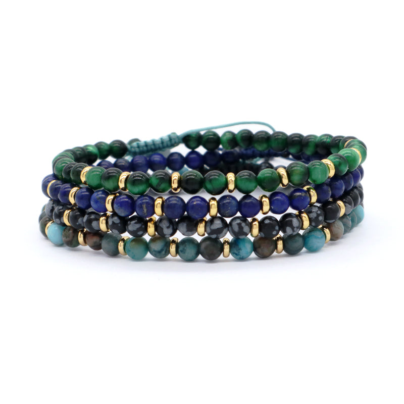 Gold Plated Charm Adjustable Handmade Woven Macrame 4mm Natural StoneSnowflake Bead Crazy Agate Lapis Green Tigers Eye Bracelet