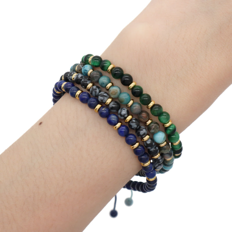 Gold Plated Charm Adjustable Handmade Woven Macrame 4mm Natural StoneSnowflake Bead Crazy Agate Lapis Green Tigers Eye Bracelet
