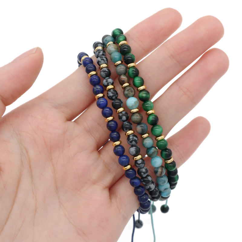 Gold Plated Charm Adjustable Handmade Woven Macrame 4mm Natural StoneSnowflake Bead Crazy Agate Lapis Green Tigers Eye Bracelet