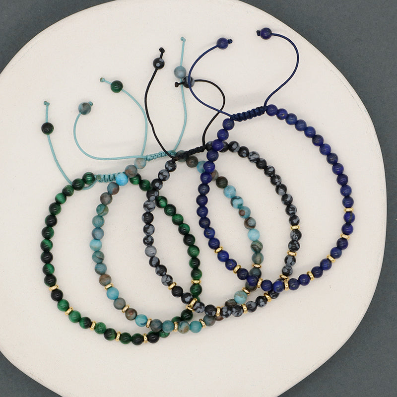 Gold Plated Charm Adjustable Handmade Woven Macrame 4mm Natural StoneSnowflake Bead Crazy Agate Lapis Green Tigers Eye Bracelet